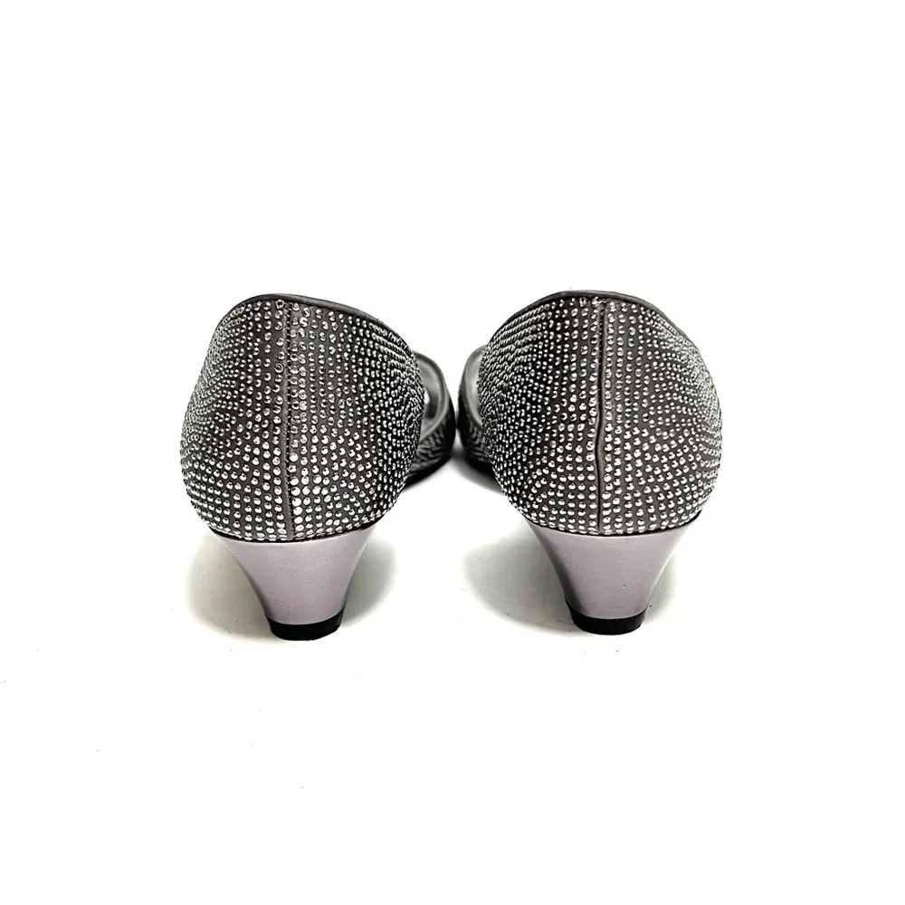 Vintage Y2K gray satin rhinestone d’Orsay wedge heels